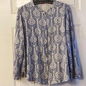 W Womens Sz 14 (L) Blouse Shirt Roll Up Sleeve Navy/Ivory Ornament